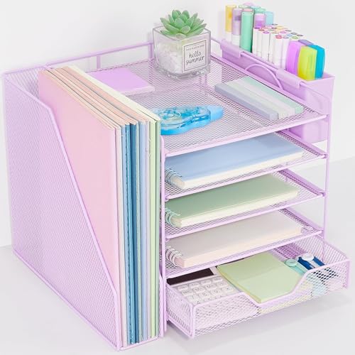 Gugsey Desk Organizer, 5-Tier Paper Letter Tray Organizer with File Holder, Drawer and Pen Holder, Desktop Organizer for Office Supplies, Purple