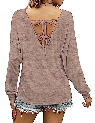 Yekaty Women's Casual V Neck Shirts Off Shoulder Tunic Loose Batwing Sleeve Solid Color Off Shoulder Blouses Top Khaki #TOP22