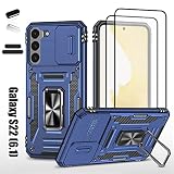 Picture of LMDAMZ Heavy Duty Case for Samsung Galaxy S22, Military Grade Dual Layer Hybrid Cushioning Rubber Bumper Protector with Slide Camera Protector, Built-in 360 Degree Swivel Stand -Blue