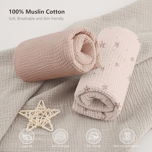 Image of Bearmoss Muslin Mini Crib Sheets for Pack N Play Mattress - 100% Cotton - 38 inchx26 inch Soft Breathable Playard Baby Crib Sheets Neutral for Boys Girls - 2 Pack (Pink Star)