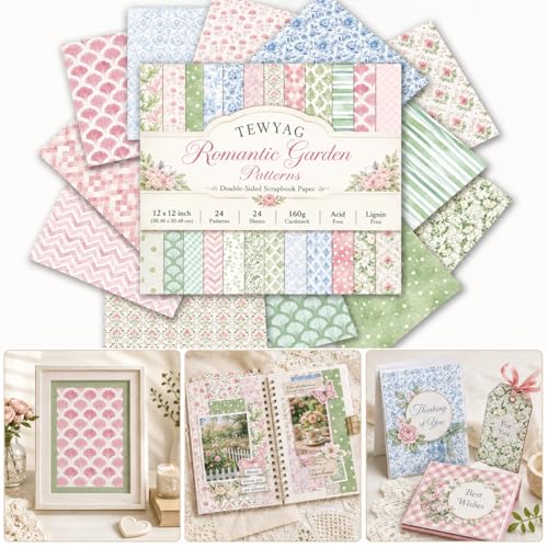 12x12 Scrapbook Paper & Scrapbooking Supplies, Bloom Double-Sided Patterned Cardstock Pad, Decorative Craft Sheets for Junk Journal & Photo Album, 24 Sheets