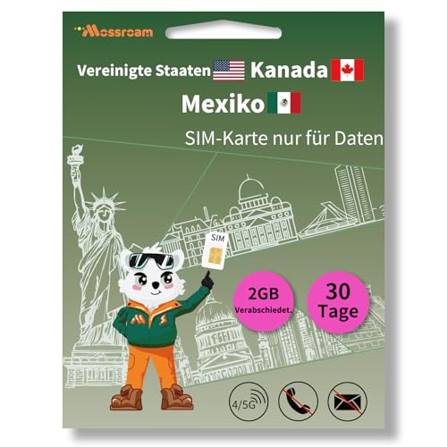 Nordamerika-Daten-SIM-Karte für Reisen – USA, Kanada und Mexiko, 2 GB 4/5G, tägliches LTE-Hochgeschwindigkeitsdatenvolumen für 30 Tage