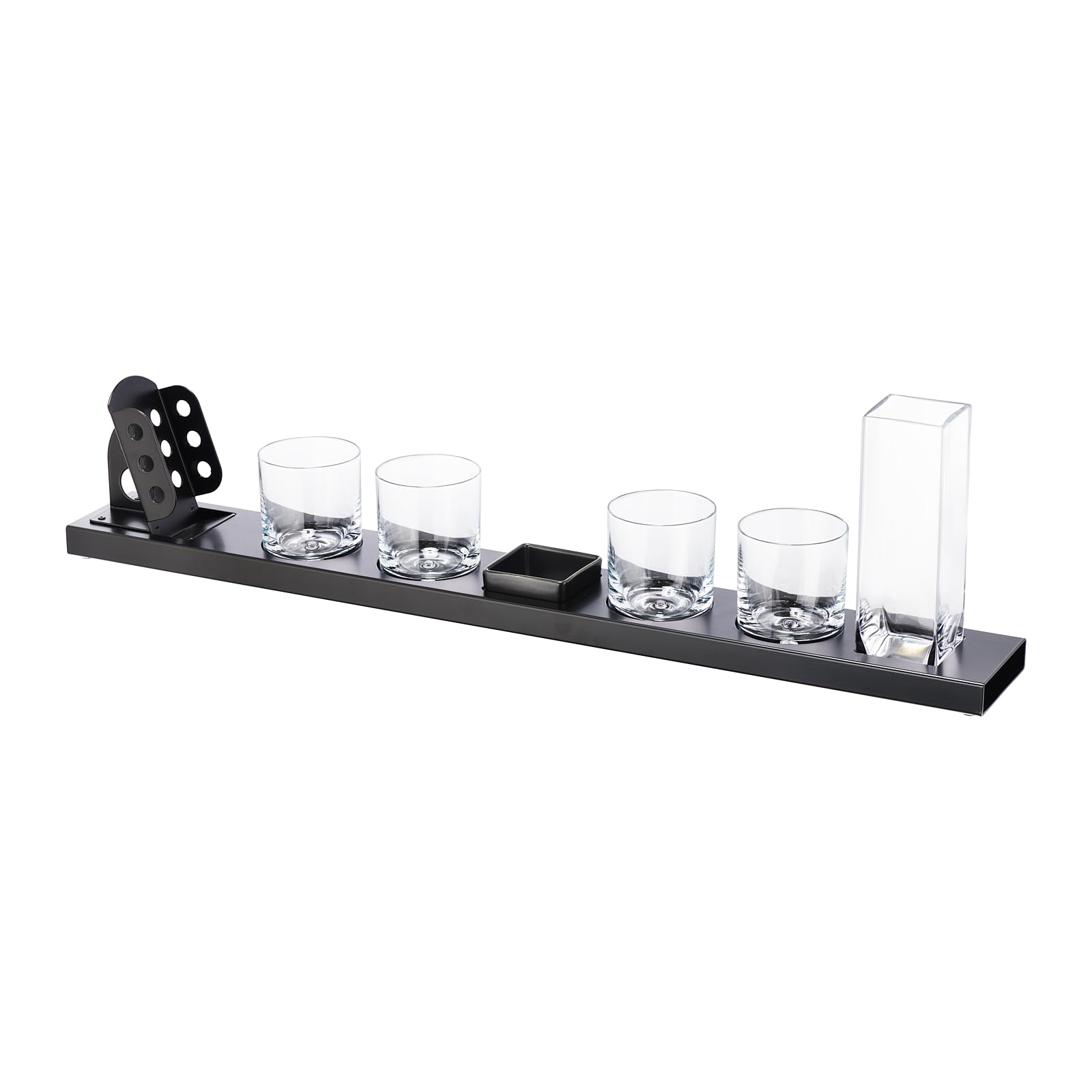 Servier-Set 4 Whisky Gläser ⌀8cm x 10cm und 1 Karaffe 6cm x 6cm x 20cm Metallbasis 77,5cm x 10cm mit Snackschale und Flaschenhalter für Haus und Bar Geschenk für Männer
