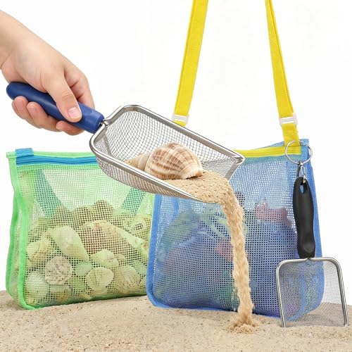 3 otters 2 Pack Beach Mesh Shovel with Mesh Beach Bag for Shell Collecting, Sand Sifters Shell...