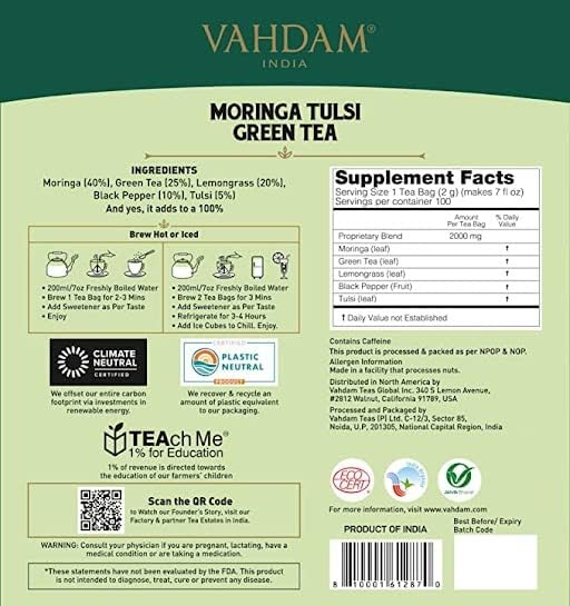 Image of VAHDAM Tulsi Moringa Tea Bags (100 Count) Low Caffeine, Non GMO & Gluten Free | High Grown Green Tea | Infused Moringa, Lemongrass, & Lemon Basil | Resealable Ziplock Pouch