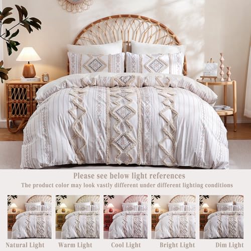 Image of Herside Beige 100% Cotton Boho Duvet Cover Set Queen Size, 3-Piece Tufted Textured Modern Boho Moroccan Bedding, Aztec Geometric Farmhouse Comforter Cover with 8 Corner Ties & Double Zipper