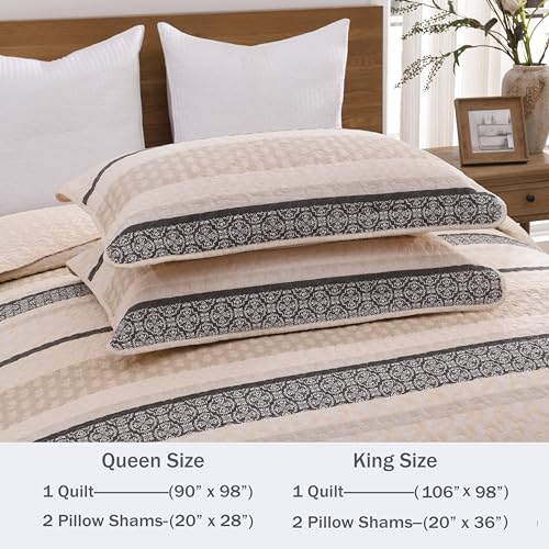 Image of Homzard Quilts Queen Size, Cotton Comforter Set, Beige and Grey Queen Bed Set, Lightweight Striped Bedding, Farmhouse Reversible Bedspread All Season 3 Pieces