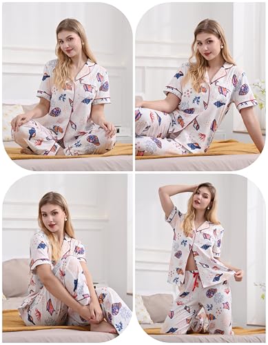 Image of NAP BOUND 100% Cotton Women's Pajama Sets Short Sleeve Button Down Soft Pjs 2 Piece Lounge Set with Pocket Nightwear XS-XXL