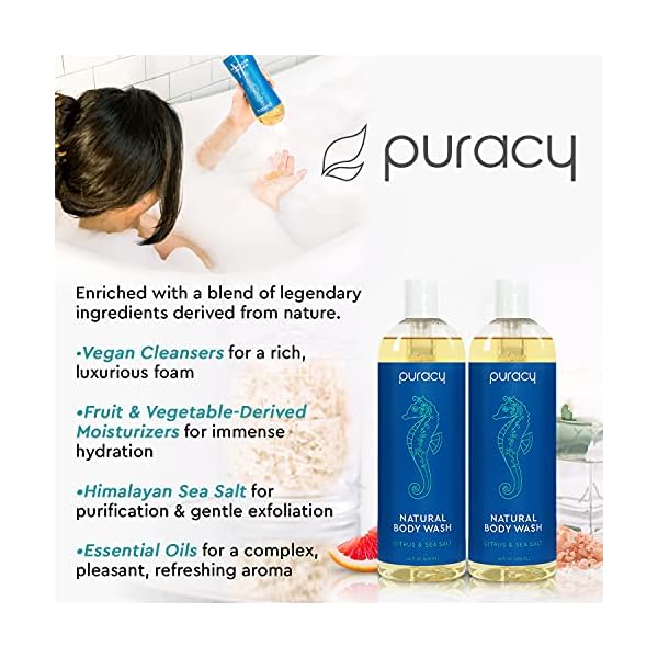 Puracy Body Wash, Natural Body Wash, 98.6% Pure Plant Ingredients, Moisturizing Shower Gel for Women Men Kids, Body Soap for Dry Sensitive Skin. Gently Scented with Citrus & Sea Salt, 16 Oz (2-Pack)