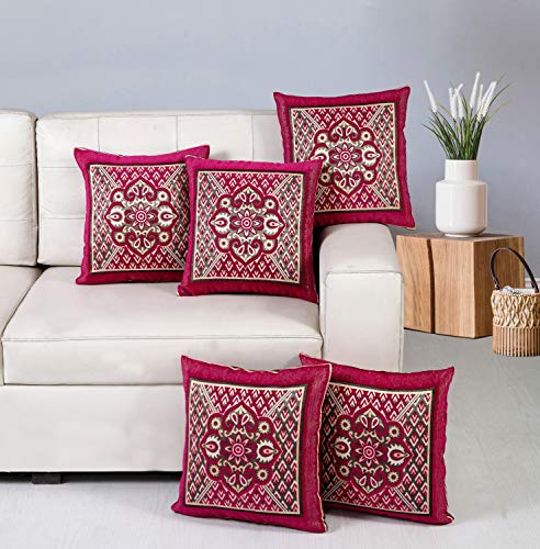 Image of Nendle Jacquard Weaved Decorative Velvet Cushion Cover /Sofa Pillow Cover 500 TC Set Of 5 Pieces (Pink, 16X16 Inches)