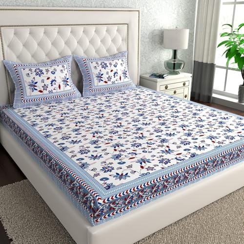 Image of La Verne 140 TC 100% Cotton King Size Jaipuri Rajasthani Print Bedsheet with 2 Pillow Covers (Purple)