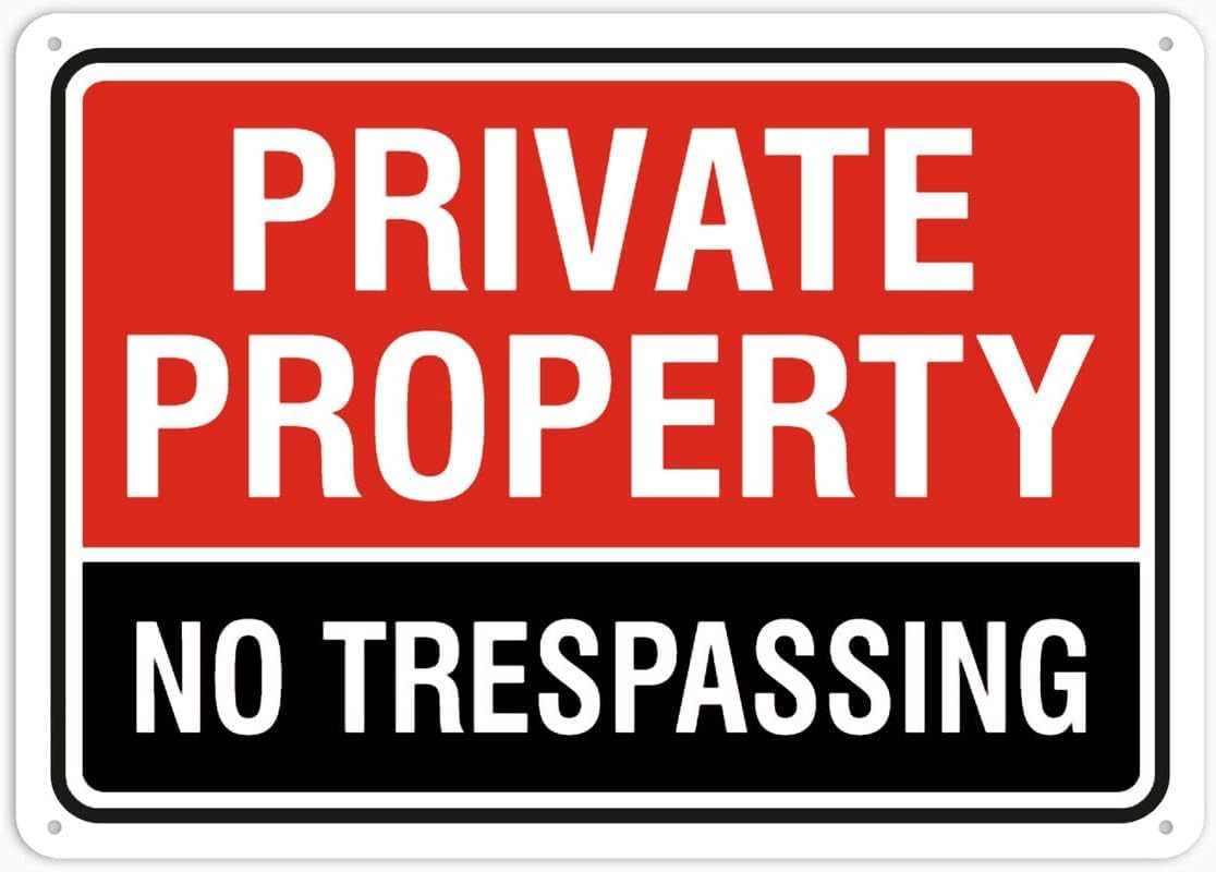 Private Property No Trespassing Rust Free Aluminum Tin Sign - Warning Decor with Pre-Drilled Holes for Indoor-Outdoor Industrial Lot, Commercial Property - 8x12 Inch​