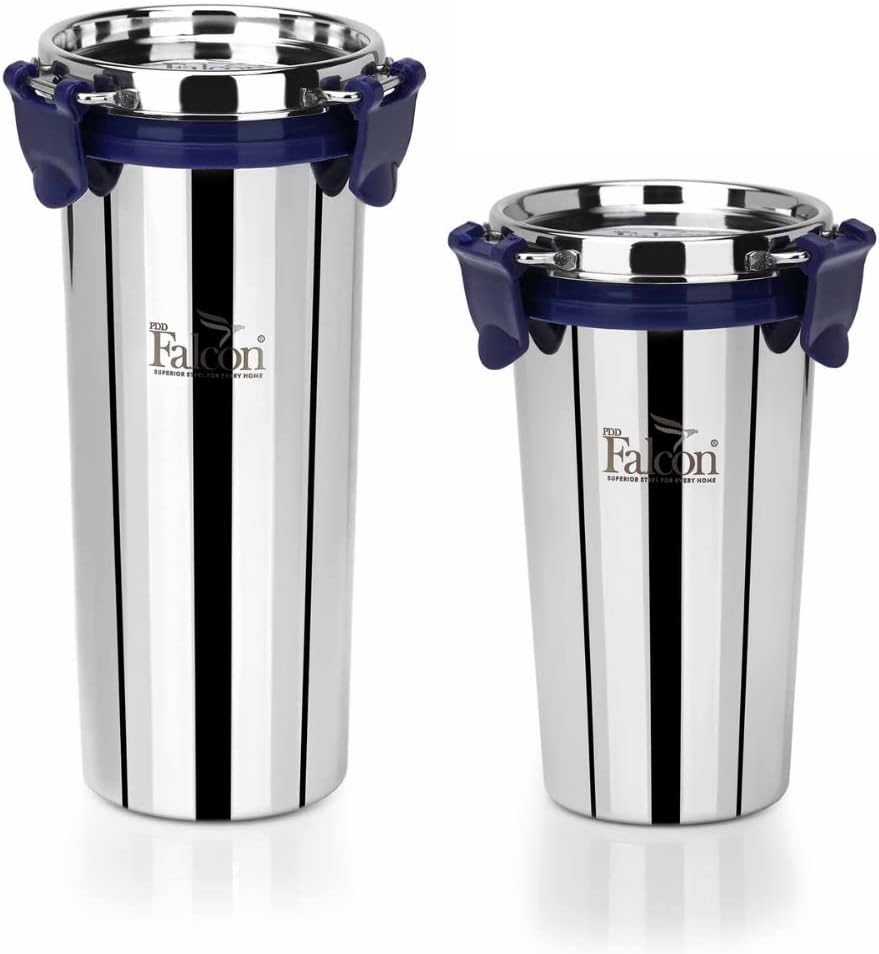 PDDFALCON EcoNxt Stainless Steel Tumbler/Glass Set with All-Steel Lid,100% Leakproof BIS Certified, Jindal Seal & Made in India Extra Clamp, Ideal for Gym, Travel (450ml+520ml)
