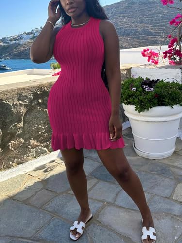 Image of Nimsruc Women Summer Tank Dresses Sleeveless Crew Neck Casual Bodycon Mini Dress with Ruffle Hem