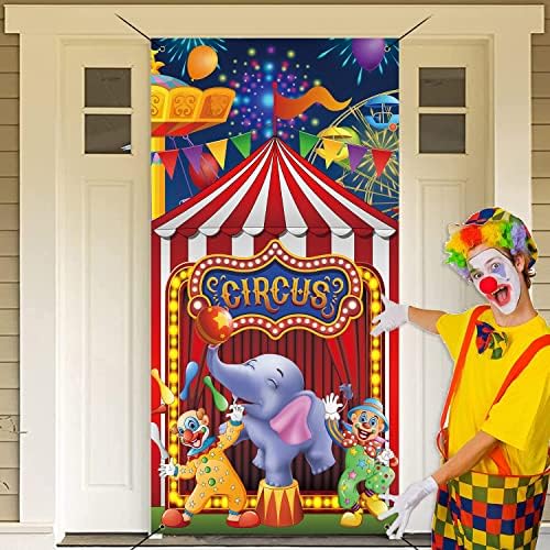 3x6ft Red Circus Carnival Banner Backdrop Carousel Tent Elephant Clown Door Cover Decor Child Boy 1st 2st Birthday Party Banner Baby Shower Photo Booth Indoor Outside Supplies
