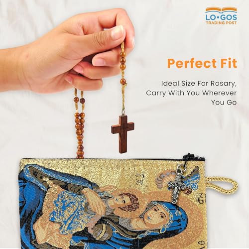 Image of Catholic Rosary Pouch, Saint Joseph and Baby Jesus & Madonna and Child, 4 inch x 6 inch Jewelry & Coin Purse with Cross, Small Woven Tapestry Icon Bag, Bolsa de Rosario Catolico para Joyeria