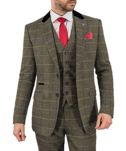 Men's Suit Classic Regular Fit 3 Piece Plaid Wool Tweed Jacket Bussiness Blazer Vest Pants Tuxedos Wedding