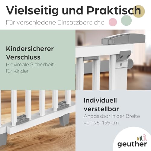 Geuther Treppenschutzgitter Oris | Türschutzgitter zum Anschrauben inkl. 2X Klemmen für Treppengeländer, Breite 95-135 cm | Stabiles Türgitter mit Schwenktür, Zertifiziert | Kindergitter Holz, Weiß