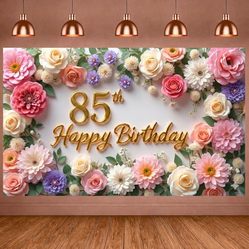 Flower 85th Birthday Banner Decorations for Women Pink Roses Floral Happy 85th Birthday Banner Backdrop Sign for 85 Years Old Anniversary Party Home Wall Outdoor Indoor Photo Booth Background Supplies