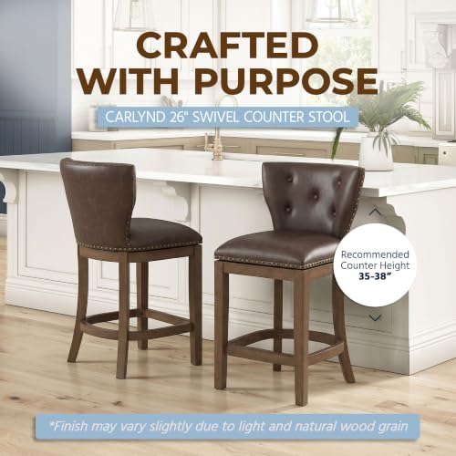 Image of ROME + OAK Carlynd 26 inch Counter Stool, Set of 2 Low Back Swivel Kitchen Barstool in Walnut Finish with Saddle Brown Vegan Leather Upholstered Seat
