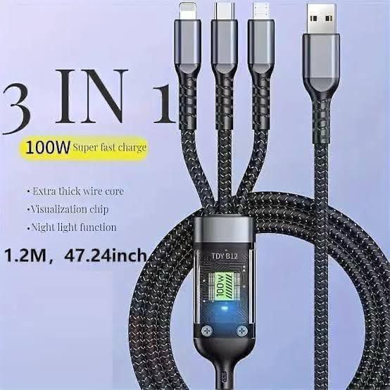 Image of 3-in-1 100W Fast Charging Cable with LED Display | 5A PD Braided Nylon Multi USB Cable (Type-C, Lightning, Micro USB) for Laptops, iPhones, Android & Tablets | 480Mbps Data Sync | 1.2m