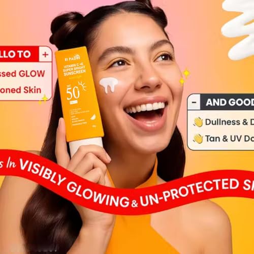 Image of Vitamin C + E Super Bright Sunscreen Spf 50 | Water-Light,UVA /UVB & Blue Light Protection | For Even Toned & Glowing Skin|With Liquid Spf 50+++ | For All Skin Types | 50G (1)