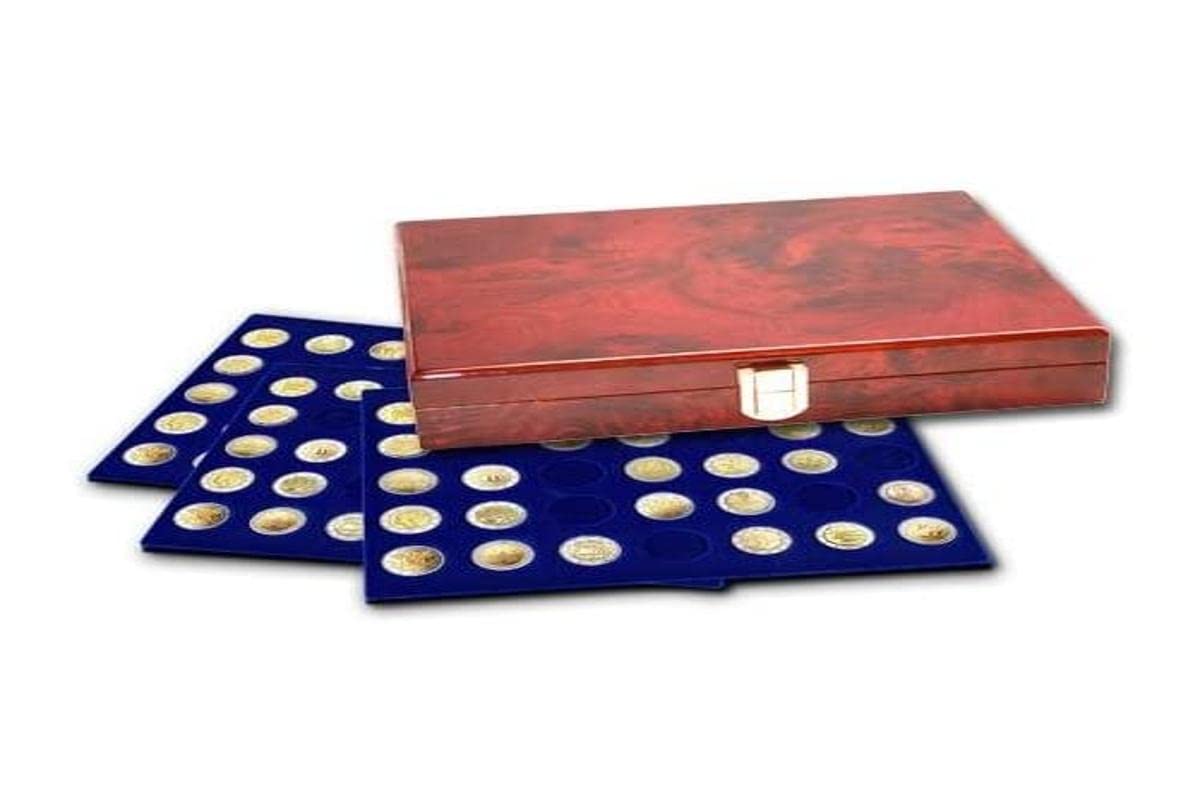 SAFE ALBUMS Premium Wooden Coin Case with 3 Royal Blue Velvet Trays each with 35 spaces of 26 mm