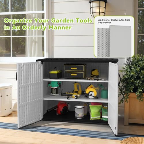 Image of Devoko 26 Cu Ft Resin Outdoor Storage Cabinet, White | Horizontal Plastic Storage Shed with Lockable Door, Water-Resistant Backyard Storage Box for Garden Patio, Shelf Not Included
