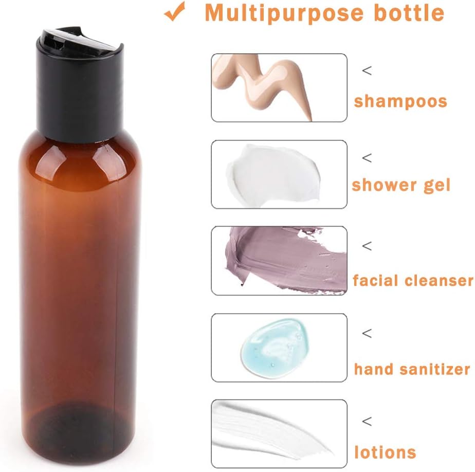 18 Pack 4oz Plastic Squeeze Bottles with Disc Top Flip Cap,Amber Refillable Containers Round Travel Bottles for Lotions,Shampoo,Liquid Body Soap and Creams