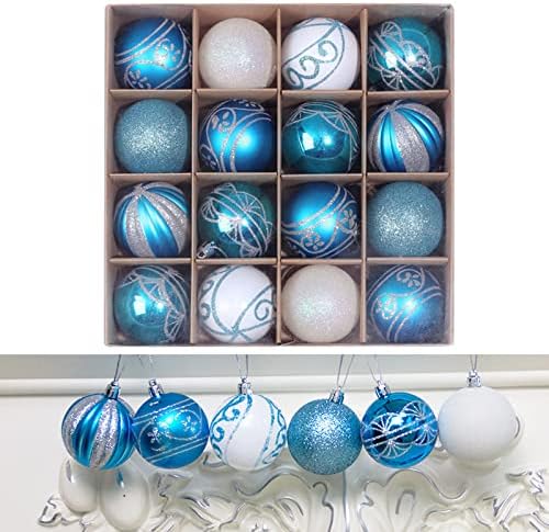 LEKEJIA 16ct 2.36”/60mm Christmas Balls Ornaments Set Shatterproof Plastic Decorative Xmas Tree Ornaments Set with Exquisite Designs. (Blue and White)