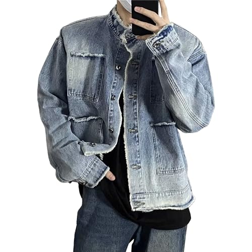Veste en denim à col montant pour homme manteau slim breaking hole style trucker classique lavé