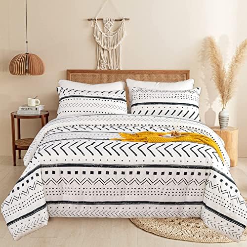 CLOTHKNOW Black and White Comforter Set King Striped Comforter Farmhouse Boho Bedding Comforter Geometric Bohemian Comforter Men Women Bed Comforter Sets King Soft Cozy