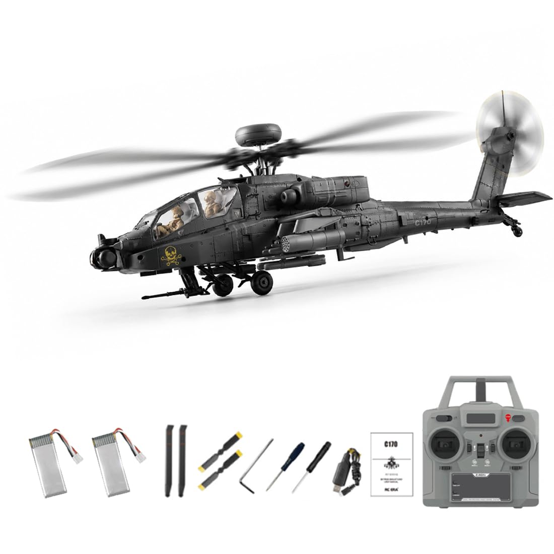 NULA RC-ERA C170 AH-64D 6CH RC Helicopter 1/48 Flybarless Military Aircraft With Optical Flow Positioning,Altitude Hold,Brushless Motor,One-Key Inverted Flight-Dark Grey/2 Battery