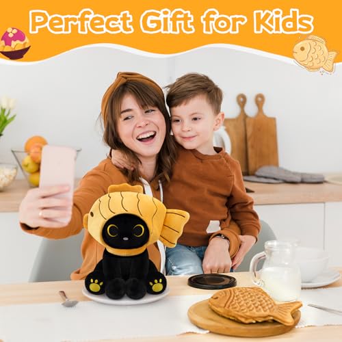 Image of Fish Stuffed Animal Cat Plush, 8inches Black Cat Plush with Brown Taiyaki Hood Removable, Kawaii Stuffed Kitten Doll Toy Cute Plushies for Girls Kids Boys，Christmas Birthday Gifts