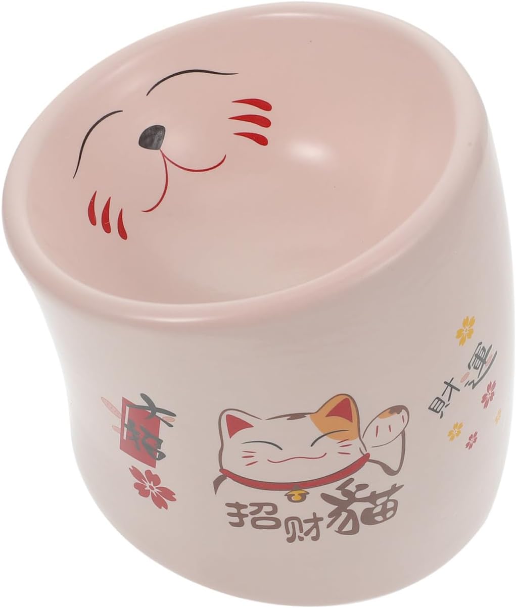 Anti-tip Ceramic Cat Feeding Bowl with Neck Protection, Pink Elevated Kitten Food Dish for Cats and Small Dogs, Stable Pet Feeder for Indoor Use