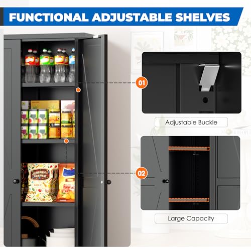 Image of INTERGREAT Metal Storage Cabinet with 2 Doors and 4 Shelves,Tall Kitchen Pantry Cabinets,Farmhouse Utility Pantry Organizers for Dining /Bathroom /Home Office /Garage Room,Black