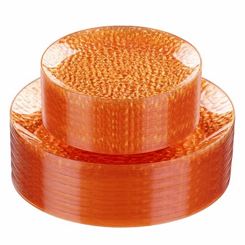 Rubtlamp 60Pcs Orange Plastic Plates Orange Plastic Disposable Plates With Hammered Design Party Platos Fancy Disposable Platos Include 30Dinner Plate 30Desssert Plate For Party