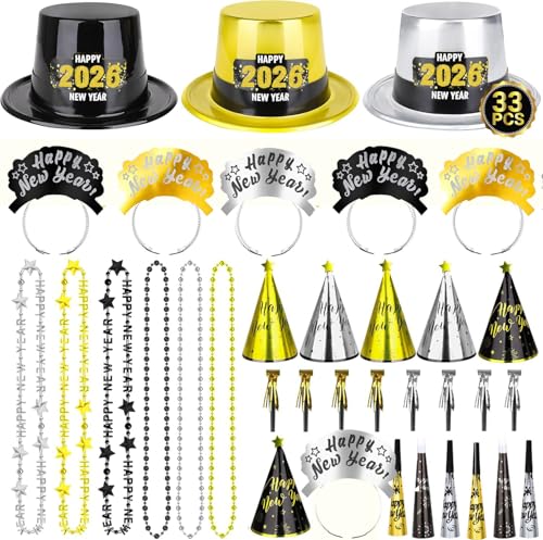 33Pcs Fiesta de Feliz año Nuevo Decoraciones 2026 Kit,Feliz Año Nuevo Sombreros Nochevieja Hairbands Oro Negro Sombreros de Cono para Año Nuevo 2026 Adornos