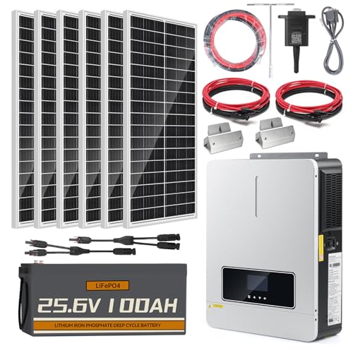 1200W 25.6V 2.56KWH Lithium Battery Solar System Off Grid with App Monitoring, 6pcs 200W High-Efficiency Panels+25.6V 100Ah Lithium Battery+3600W Inverter+120A MPPT Charge Controller for Cabin & RV