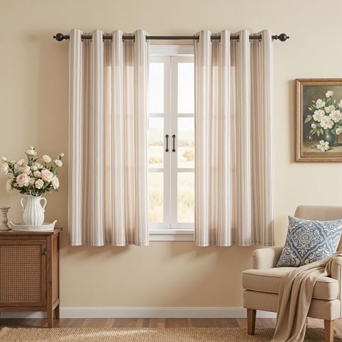 Image of MYSKY HOME Farmhouse Taupe Striped Curtains 63 Inches Long for Bedroom Tan Stripe Patterned Cottage Core Rustic Country Linen Blend Light Filtering Drapes, Grommet, 2 Panels, 52 inch Wide