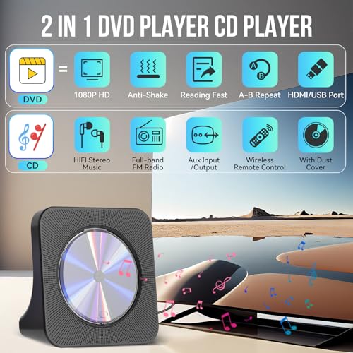 Gueray DVD Player for TV All Region Free Desktop DVD/CD Player for Home with Bluetooth Speakers Display Alarm Clock FM Radio with CD Player USB Card Playback Include Remote Control, HDMI & AV Cable