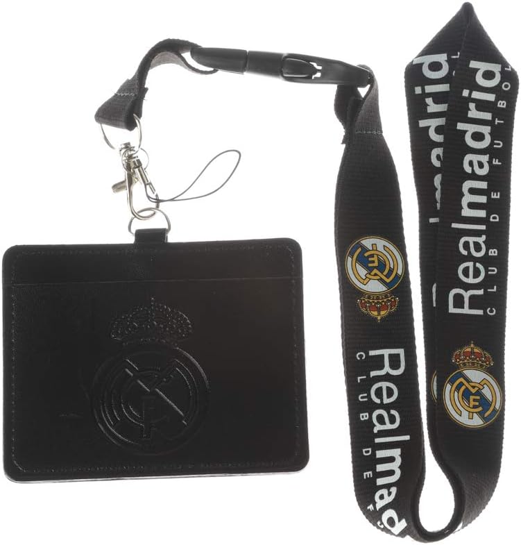 Real Madrid CF Black Faux Leather Business ID Badge Card Holder with Keychain Lanyard