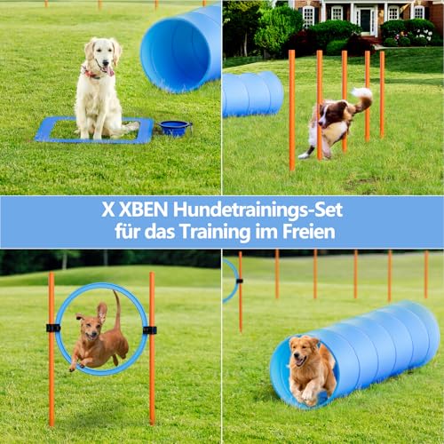 X XBEN Agility Set Hunde, 6-Teiliges Agility Set für Hunde, Agility Set Hunde Groß mit Hundetunnel, Hürden, 5 Slalomstangen, Springring, Pause-Box, Faltbarer Wassernapf, Tragetasche, Spiele&Training