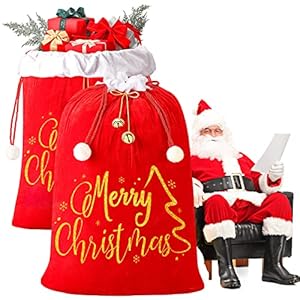 2 Pieces 27 x 36 Inch Giant Christmas Santa Sack Oversize Red Velvet Burlap Santa Bags with Cord Drawstring, Jumbo Gift…