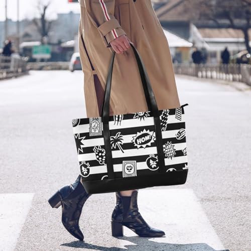 Black White Striped Retro Summer Cool classy laptop tote bag for women with zipper travel tote bag for men with lunch 6