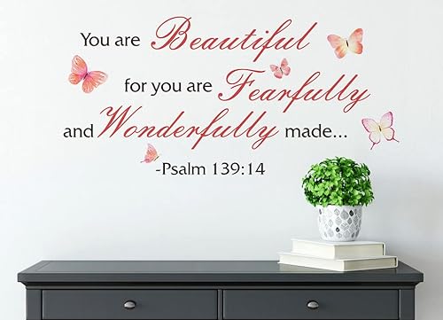 Bible Verse Colorful Butterfly Wall Decals, Psalm 139:14 Christian Wall Stickers,You are Beautiful for You are Fearfully and Wonderfully Made