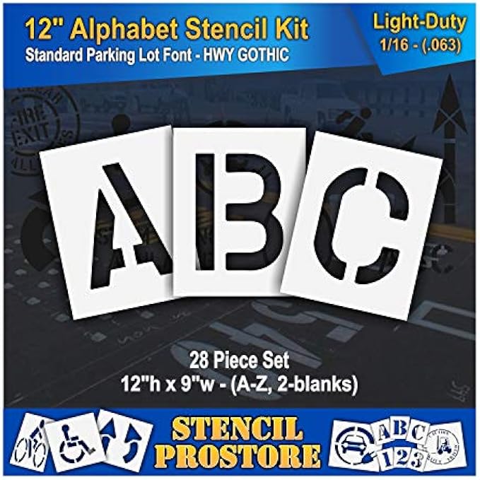 Pavement Stencils - 12 inch Alphabet KIT Stencil Set - (28 Piece) - 12" x 9" x 1/16" (63 mil) - Light-Duty