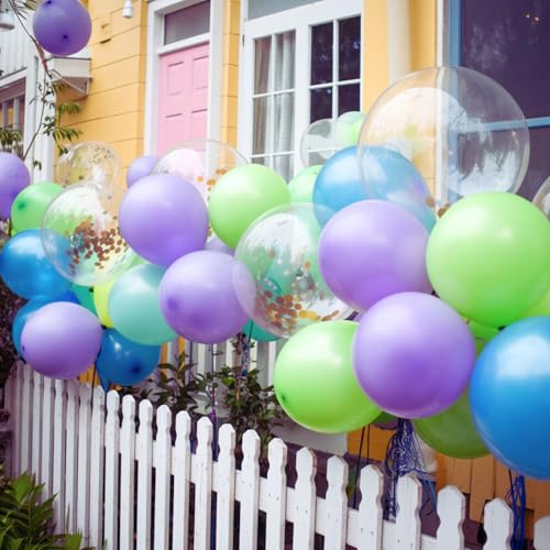 Image of Blue Green Purple Balloons 50PCS 12 Inch Fruit Green Teal Blue Pearl White | Purple Balloons with Ribbon for Birthday Baby Shower Theme Party Decorations