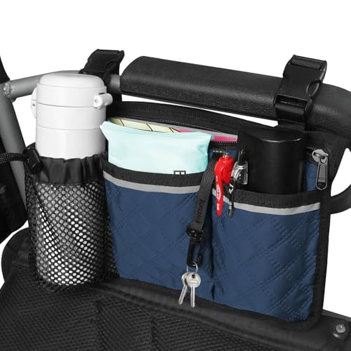 SHIFANQI Wheelchair Bag with Cup Holder, Wheelchair Accessories Armrest Side Bag Multi Pockets Pouch for Electric Wheelchairs, Walker, Rollators & Mobility Scooters, Adults, Seniors, Navy Blue