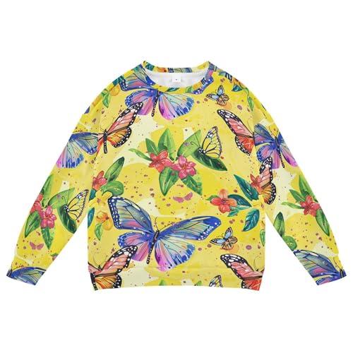 JUNZAN Colorful Butterflies and Flowers Yellow Kids Girls Sweatshirt Hoodie Crewneck Hoodie for Boys Sports 4T